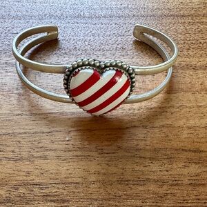 Sterling Silver Heart Cuff Bracelet with Red and White Stripes